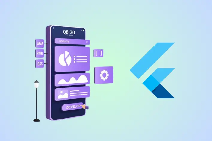 Mobile app concept coding and programming responsive layout design with Flutter logo