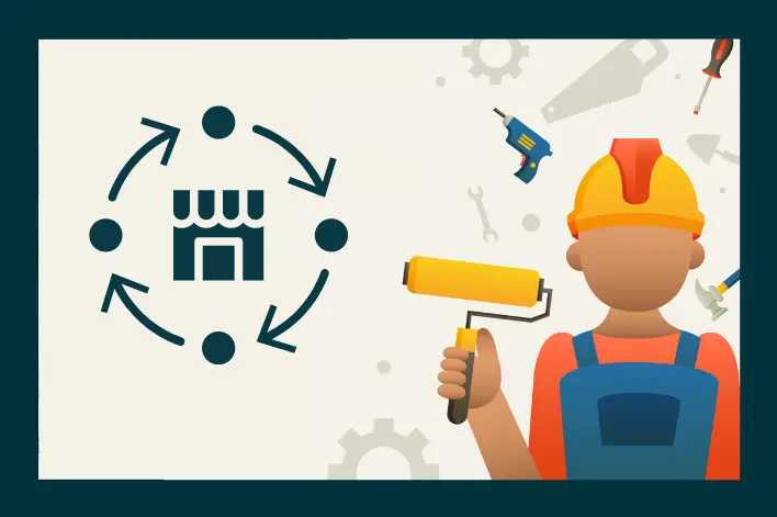 A construction worker holding a paint roller standing near a store surrounded by arrows. Tools like wrench, drill, and screwdriver are visible in a background