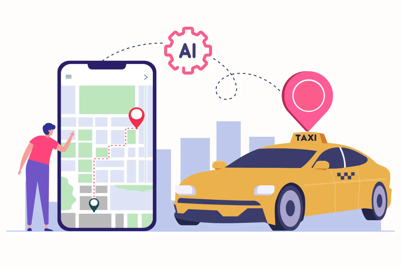a man using an app featuring a map to book a taxi. A yellow taxi with a pink location pin is shown on the right. A gear icon labeled "AI" vector visible