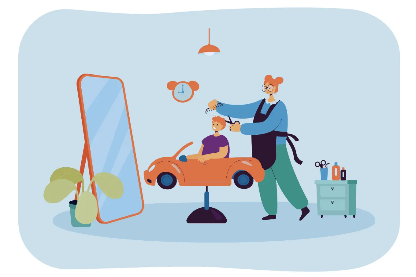 A hairdresser gives a haircut to a child sitting in a car-shaped chair. The child smiles while the hairdresser, wearing an apron, trims their hair. Nearby are a large mirror, a small plant, a clock, and a cart with hairdressing tools.