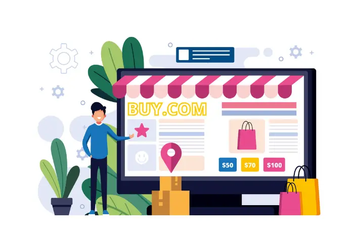 A man standing next to a large desktop screen shows online shopping website, "BUY.COM.", icons, price tags ($50, $70, $100), and shopping bags. Surrounding are plants, gears